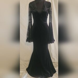 Elegant Black Lace Bell Sleeve Velvet Dress, Small, Morticia Elvira Goth Vibes